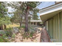 Side view of home with green siding, rock wall, and mature trees creating a private outdoor space at 107 Deer Trail Rd, Boulder, CO 80302