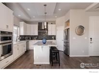 Modern kitchen with a large island, stainless steel appliances, and a stylish dark backsplash at 20411 E 53Rd Ave, Denver, CO 80249