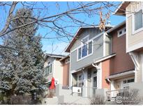 Tan and gray townhome exterior with landscaping and walkway at 4110 Riley Dr, Longmont, CO 80503