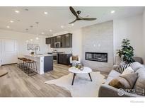 Open concept kitchen with island and modern appliances flows into living room with fireplace at 2725 Bear Springs Cir, Longmont, CO 80503