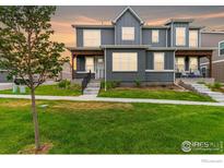 Two-story townhome with gray siding, wood accents, and landscaped lawn at 317 Gray Jay Ct, Berthoud, CO 80513