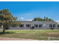 Gray siding ranch home with a large yard and landscaping at 8260 County Road 39, Fort Lupton, CO 80621