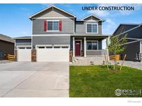 Two-story house with gray siding, red accents, and a two-car garage at 4101 Marble Dr, Mead, CO 80504