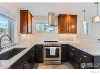 Modern kitchen featuring stainless steel appliances, light countertops, and dark wood cabinets at 620 Pearl St # E, Boulder, CO 80302