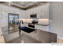 Modern kitchen with white cabinets, stainless steel appliances, and a large center island with a black sink at 202 High Point Dr, Longmont, CO 80504