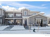 Modern townhome exterior featuring a well-maintained gray facade and professional landscaping at 350 High Point Dr # C201, Longmont, CO 80504