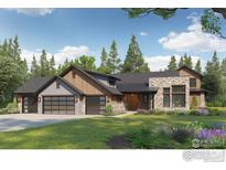 Stunning home with wood, stone, and stucco exterior, mature landscaping, and a spacious three-car garage at 2103 Scottsdale Rd, Berthoud, CO 80513