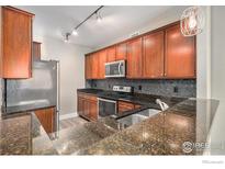 Kitchen with stainless steel appliances, dark granite countertops, and wood cabinetry at 9039 E Panorama Cir # 201, Englewood, CO 80112