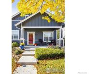 Charming front porch with seating and tasteful fall decorations at 1403 Bluemoon Dr, Longmont, CO 80504