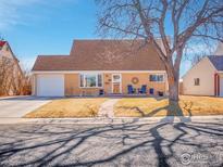 Charming single-story brick home featuring a well-manicured front yard and inviting curb appeal under a clear blue sky at 810 Lotus Way, Broomfield, CO 80020