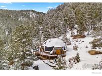 Snowy dome home showcasing surrounding forest and architecture at 11186 Circle Dr, Golden, CO 80403