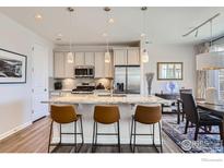 Bright kitchen boasts stainless appliances, granite countertops, and pendant lighting at 1141 Blue Bell Rd, Berthoud, CO 80513