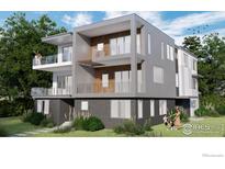 Modern three-story home with balconies, a landscaped yard, and a contemporary design at 1267 Balsam Ave, Boulder, CO 80304