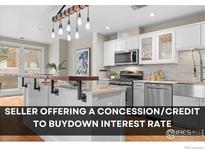 Modern kitchen featuring stainless appliances, white cabinetry, and a large center island with bar seating at 1630 N Clarkson St # 110, Denver, CO 80218