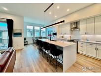 Bright, modern kitchen features a spacious island, sleek countertops, stainless steel appliances, and an open dining area at 561 Canary Ln, Superior, CO 80027