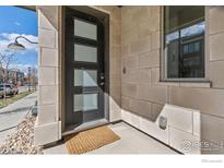Contemporary front door with sidelight and stylish stone exterior details welcomes you home at 417 Promenade Dr, Superior, CO 80027