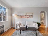 Cozy living room featuring a neutral color palette, hardwood floors and lovely decor at 1130 N Pennsylvania St # 306, Denver, CO 80203