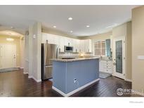 Open kitchen with a large island, stainless steel appliances, and hardwood floors at 4215 Bella Vista Dr, Longmont, CO 80503