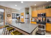 Stylish kitchen featuring an island with seating and stainless steel appliances at 801 Confidence Dr # 2, Longmont, CO 80504
