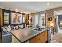 Open concept living area with a modern kitchen island and stylish decor at 801 Confidence Dr # 2, Longmont, CO 80504
