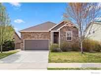 Charming single-Gathering home featuring stone accents, a well-maintained lawn, and an attached two-car garage at 1511 Bowen St, Longmont, CO 80501