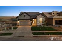 Beautiful home exterior features a modern design, stone accents, and a well-manicured lawn at 3010 Newfound Lake Rd, Berthoud, CO 80513