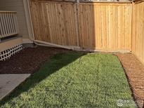 Landscaped backyard with fresh green lawn and privacy fence at 2260 Crescent Cir, Erie, CO 80026