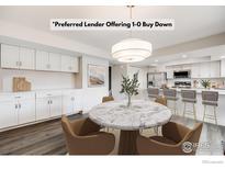 Bright dining area featuring a marble table, counter seating and modern lighting at 3964 S Yosemite St, Denver, CO 80237