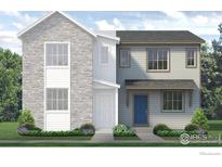 Two-story home showcasing mixed materials facade with a blue front door, and professionally landscaped front yard at 1444 Coral Pl, Longmont, CO 80501