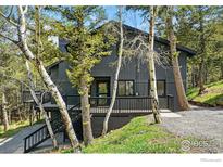 Stunning two-story home nestled amongst birch trees boasts sleek black exterior and inviting porch at 1750 Deer Trail Rd, Boulder, CO 80302