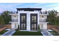 Modern two-story duplex with black and white accents, rooftop decks, and professionally landscaped front yard at 855 Eudora St, Denver, CO 80220