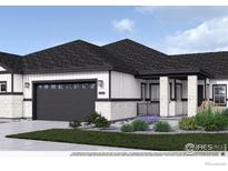 Modern home exterior with stone accents, dark trim, well-kept lawn, and a gray garage door at 834 W 128Th Pl, Westminster, CO 80234