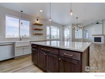 Bright kitchen features a large island, farmhouse sink, floating shelves, and stainless steel appliances at 497 Muirfield Cir, Louisville, CO 80027