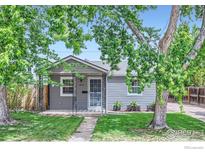 Charming home featuring mature shade trees and a well-manicured lawn at 6825 Reno Dr, Arvada, CO 80002
