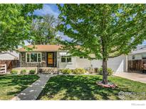 Charming home featuring stone accents, a well-manicured lawn, and mature trees at 1275 Walnut St, Brighton, CO 80601