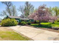 Charming single-story home with a well-maintained lawn and a beautiful flowering tree at 1542 Kilkenny St, Boulder, CO 80303