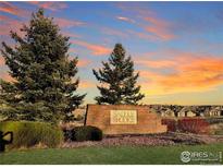 Saddle Brooke brick sign with trees, shrubs, and houses in the background under an orange sunset at 1837 Spaulding Cir, Superior, CO 80027