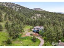 Breathtaking blue home nestled in the mountains surrounded by lush greenery and mature trees at 1946 Lefthand Canyon Dr, Boulder, CO 80302