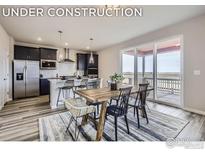 Bright dining area with modern decor, opening to outdoor patio and an open concept kitchen at 2739 Crystal Springs Ln, Longmont, CO 80503