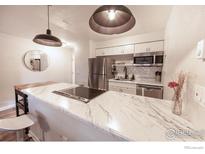 Bright kitchen featuring stainless steel appliances and marble countertops at 2636 Juniper Ave # 39-2, Boulder, CO 80304
