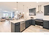 Modern kitchen with stainless steel appliances and a large island with white countertop at 2738 Bear Springs Cir, Longmont, CO 80503