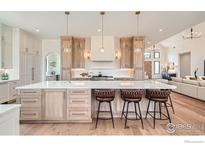 Spacious kitchen features a large island with seating, modern appliances, and stylish pendant lighting at 1126 W Enclave Cir, Louisville, CO 80027