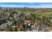 Stunning aerial view of estate near Denver Country Club Golf Course, Cherry Creek, and the Denver skyline at 2111 E Alameda Ave, Denver, CO 80209