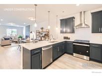 Modern kitchen boasts stainless steel appliances, ample counter space, and stylish dark blue cabinetry at 2744 Bear Springs Cir, Longmont, CO 80503
