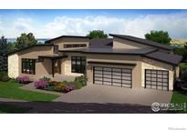 Contemporary home with a modern design, a two-car garage, and beautiful landscaping at 2669 Southwind Rd, Berthoud, CO 80513
