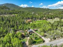 Beautiful aerial view of a home nestled within a lush green forest in a mountain setting at 63 Sillasen Ln, Golden, CO 80403