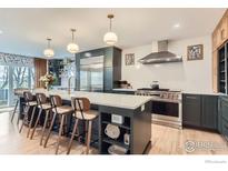 Open kitchen features stainless steel appliances, a large island with seating and modern pendant lighting at 1405 Clover Creek Dr, Longmont, CO 80503