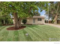 Charming ranch home with mature tree, fresh lawn, and well-maintained landscaping at 1104 Village Dr, Fort Lupton, CO 80621