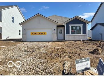 Newly constructed home with a white and blue exterior, two-car garage, and an unfinished yard at 713 Penrose Pl, Danville, IN 46122