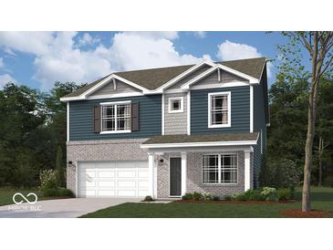 Two-story home with gray and blue siding, white garage door, and landscaping at 1365 Foxtail Ln, Greenwood, IN 46143